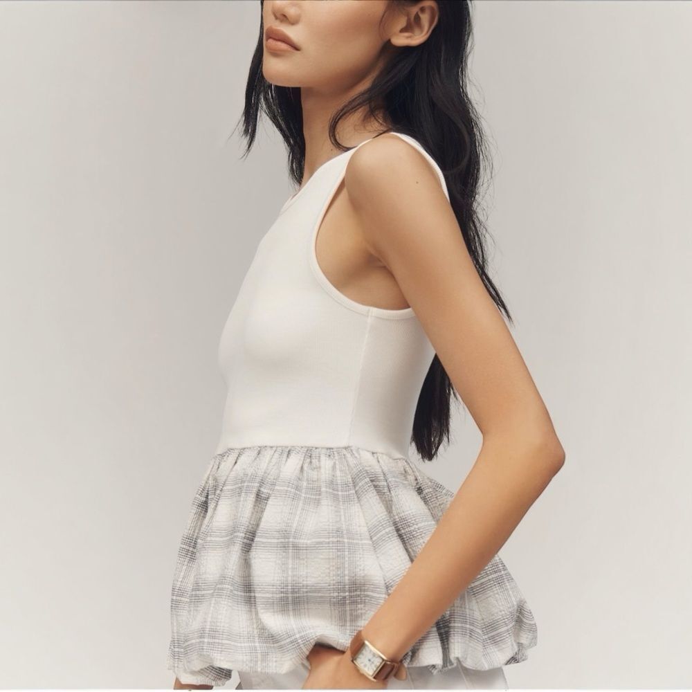 NWT Anthropologie Top Maeve Bubble Peplum Tank White Grey Size Small